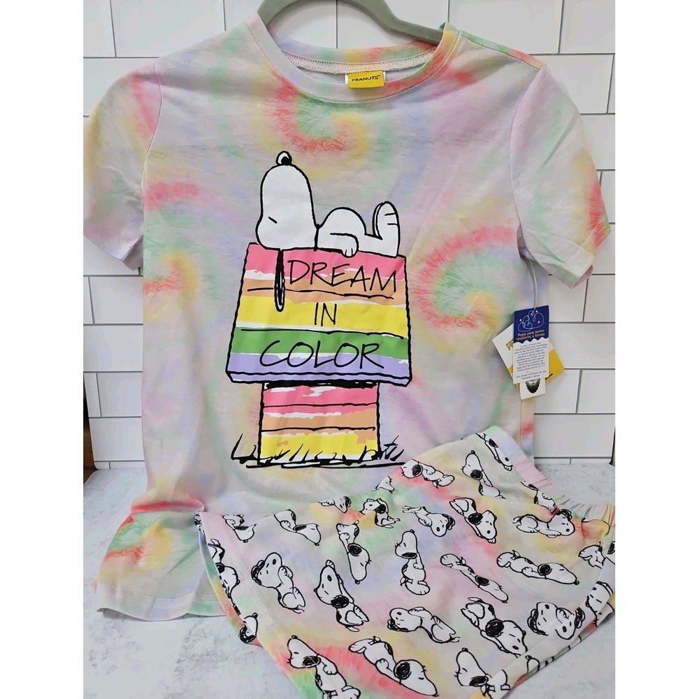 PEANUTS Snoopy dream In Color Pajama Set Tee Shirt & Shorts  14-16 NWT Tie Dye